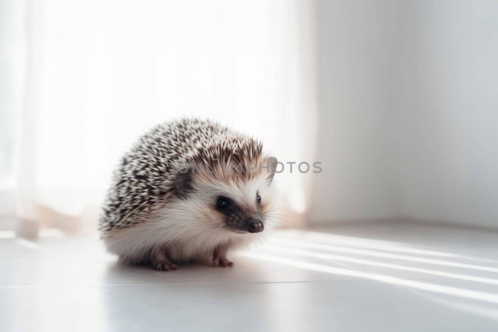 A beautiful cute prickly domestic hedgehog with spikes on a white floor in the house with copy space. Generative AI