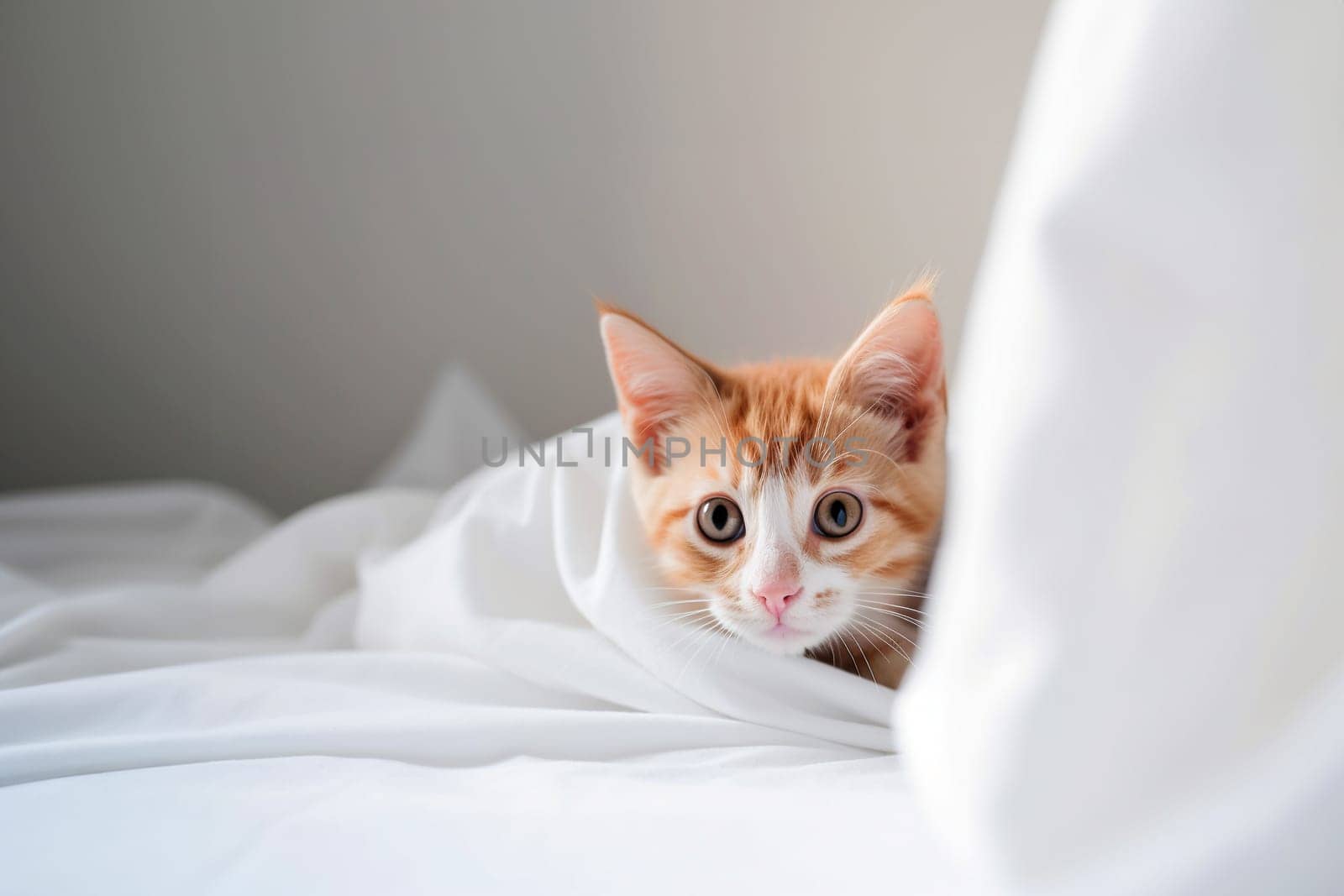 Cute domestic red cat awaking and lying on a bed under a white blanket in the bedroom with copy space. Generative AI