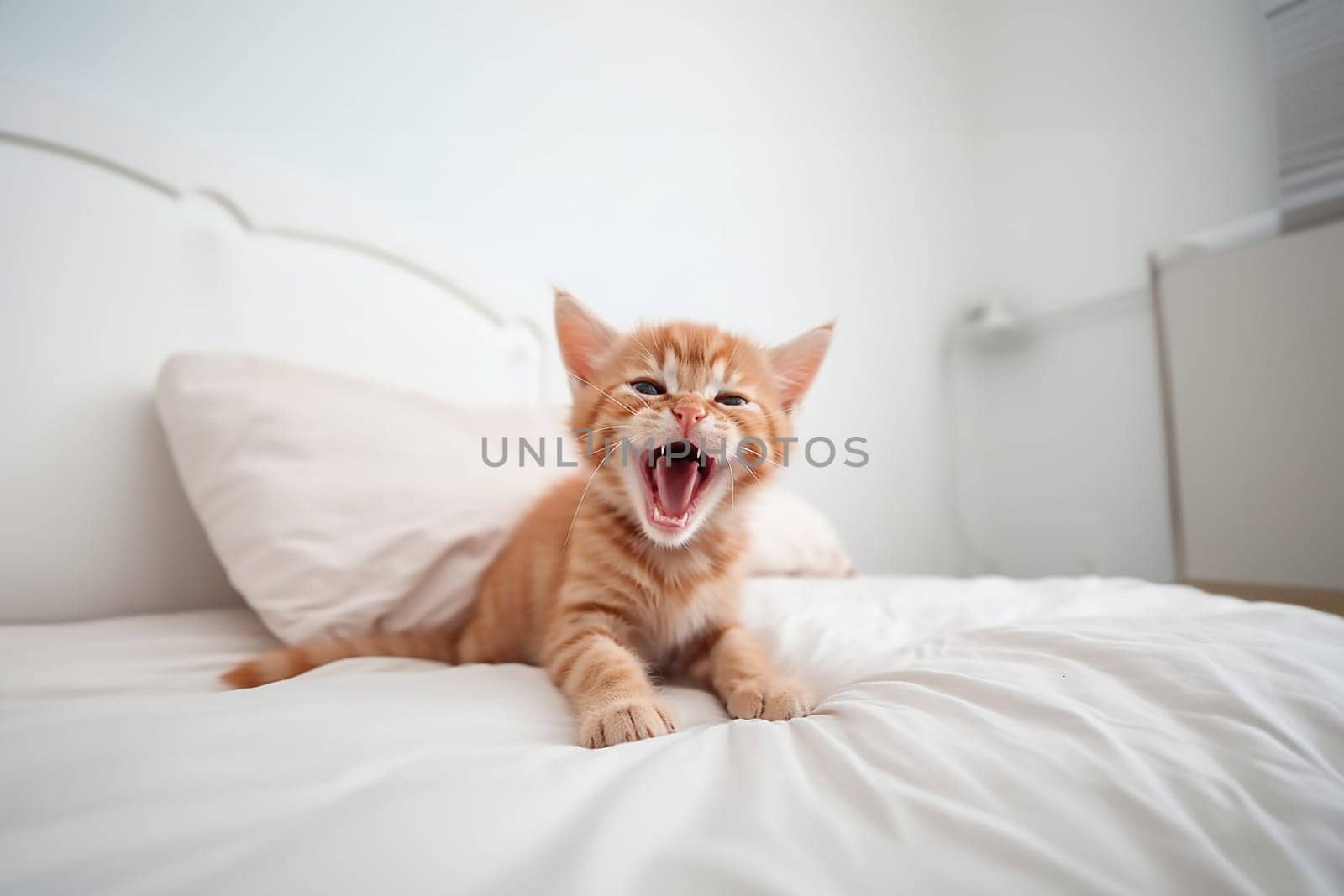 Sleepy red cat yawns in a white bed in the bedroom in the morning with copy space. Generative AI