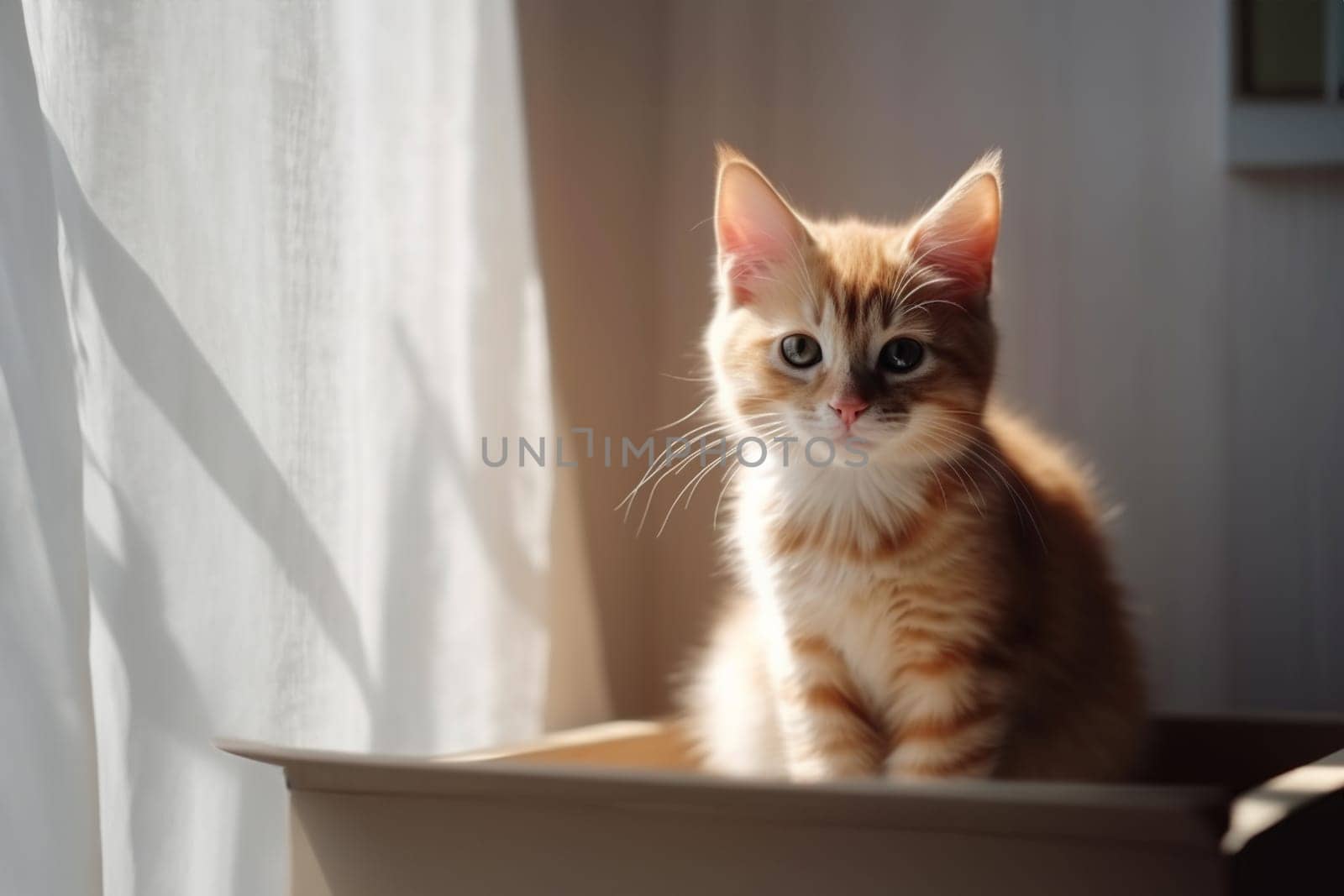 Red kitten sits inside a craft box in a new home, sunny daylight near window with copy space . Generative AI