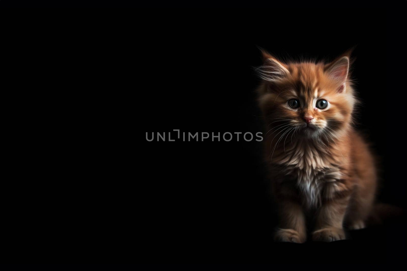 Red fluffy kitten with green eyes sitting on the dark background horizontal banner. Generative AI