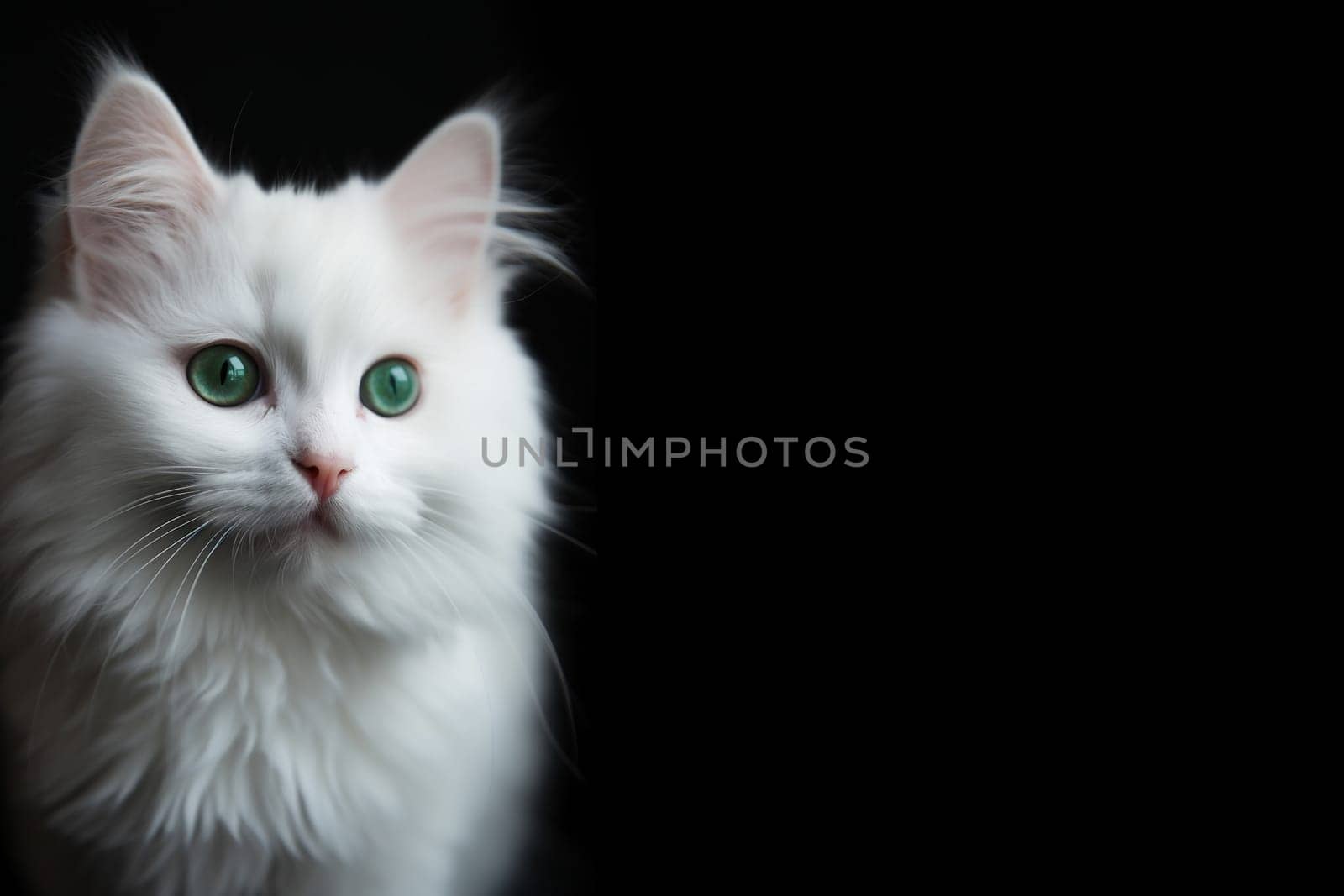 White fluffy kitten with green eyes sitting on the dark background horizontal banner. Generative AI