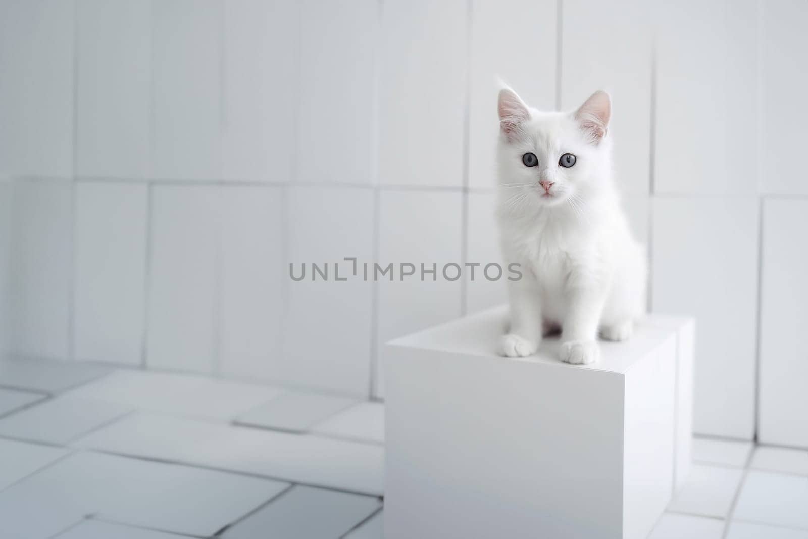 Fluffy hypoallergenic pets, cat in the home with white floor - cleanliness and hygiene concept. Generative AI