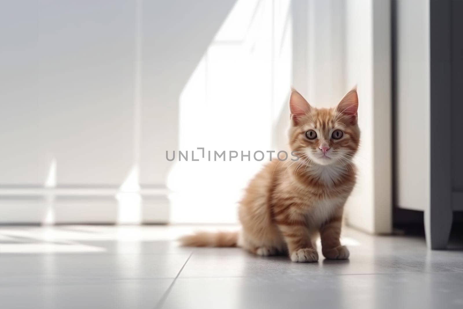 The red cat sits on the white kitchen tiled floor and waiting for food, banner with copy space. Generative AI