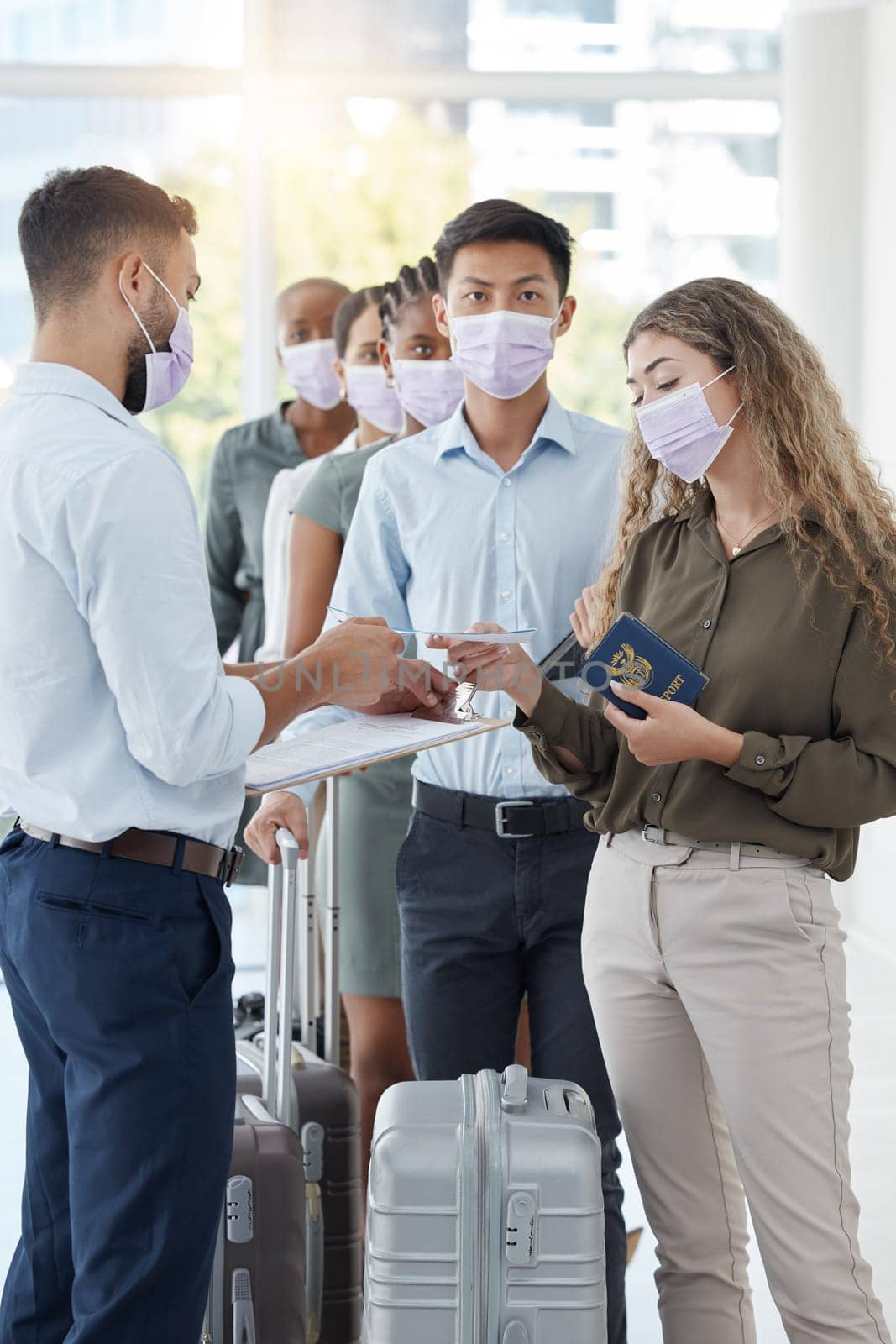 Covid, travel and passport with people at airport security for document check, immigration law and corona virus policy. Compliance worker with immigration checklist or safety paperwork for insurance.
