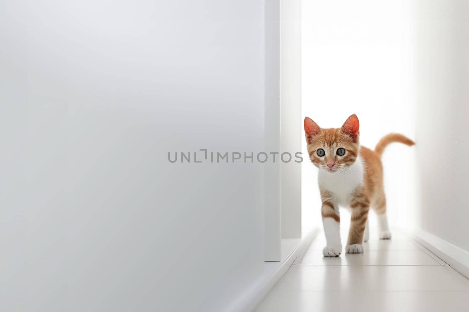Red kitten peering out from behind a white wall in the room in minimalistic style, sunny daylight with copy space. Generative AI