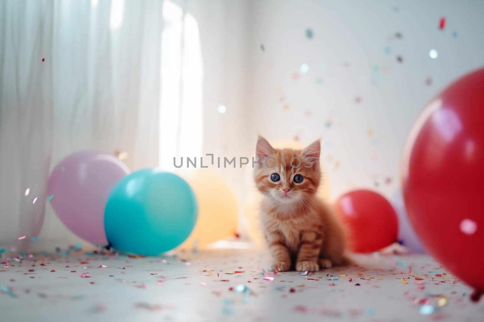 The adorable red kitten after celebration with colorful confetti and a party balloons on the white tiled floor with copy space. Generative AI