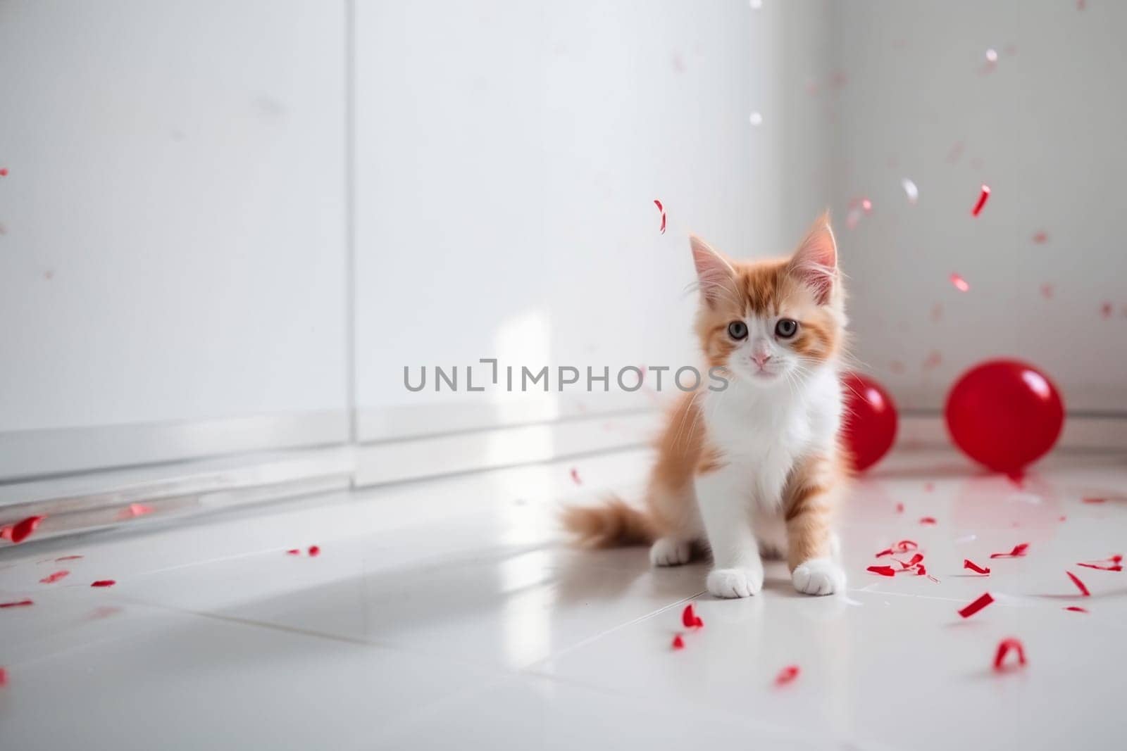 The adorable red cat with red confetti and a party balloons on the white tiled floor with copy space. Generative AI