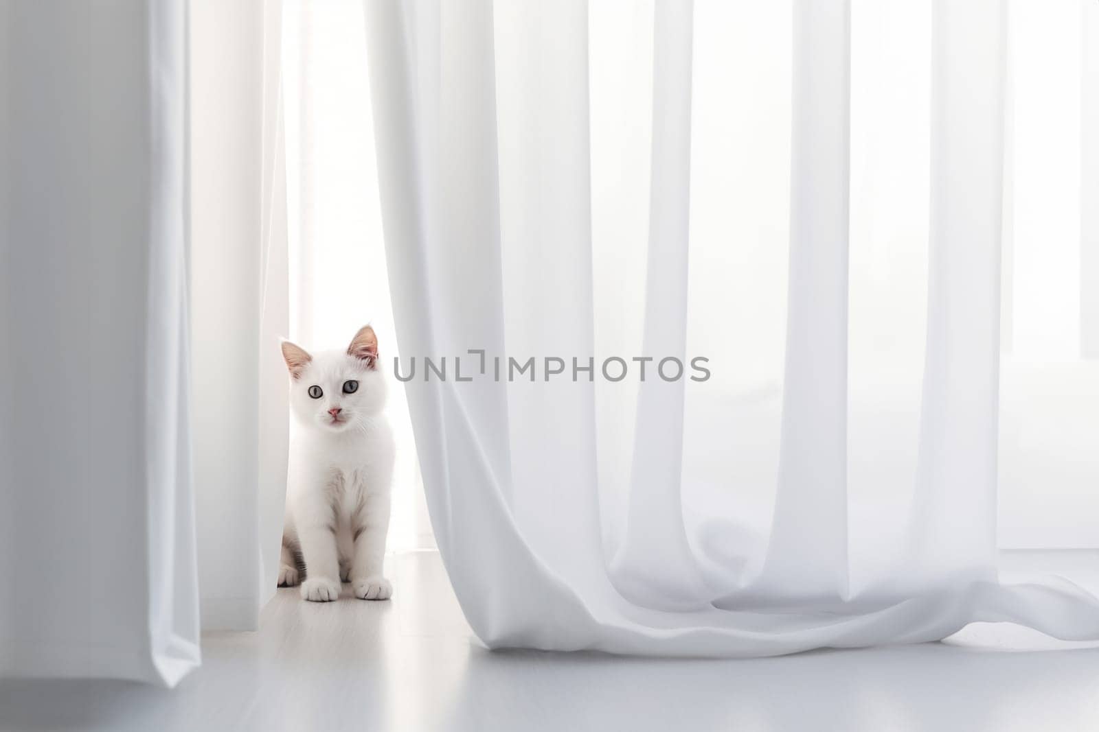 White cat sits on the floor near the white window in minimalistic style, sunny daylight with copy space. Generative AI