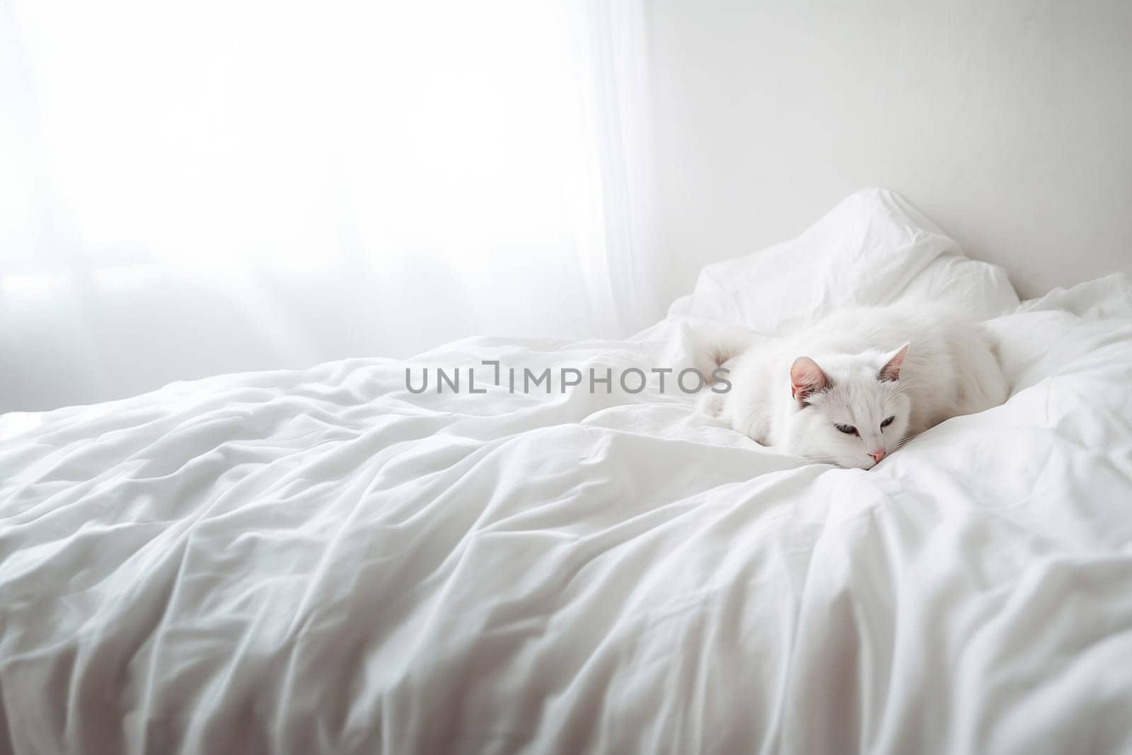 Cute domestic white cat awaking and lying on a bed under a white blanket in the bedroom with copy space. Generative AI