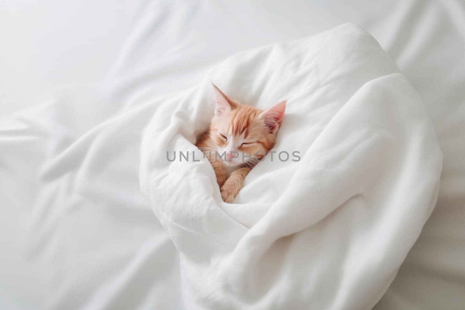 Cute domestic red cat sleeping on a bed under a white blanket in the bedroom with copy space. Generative AI