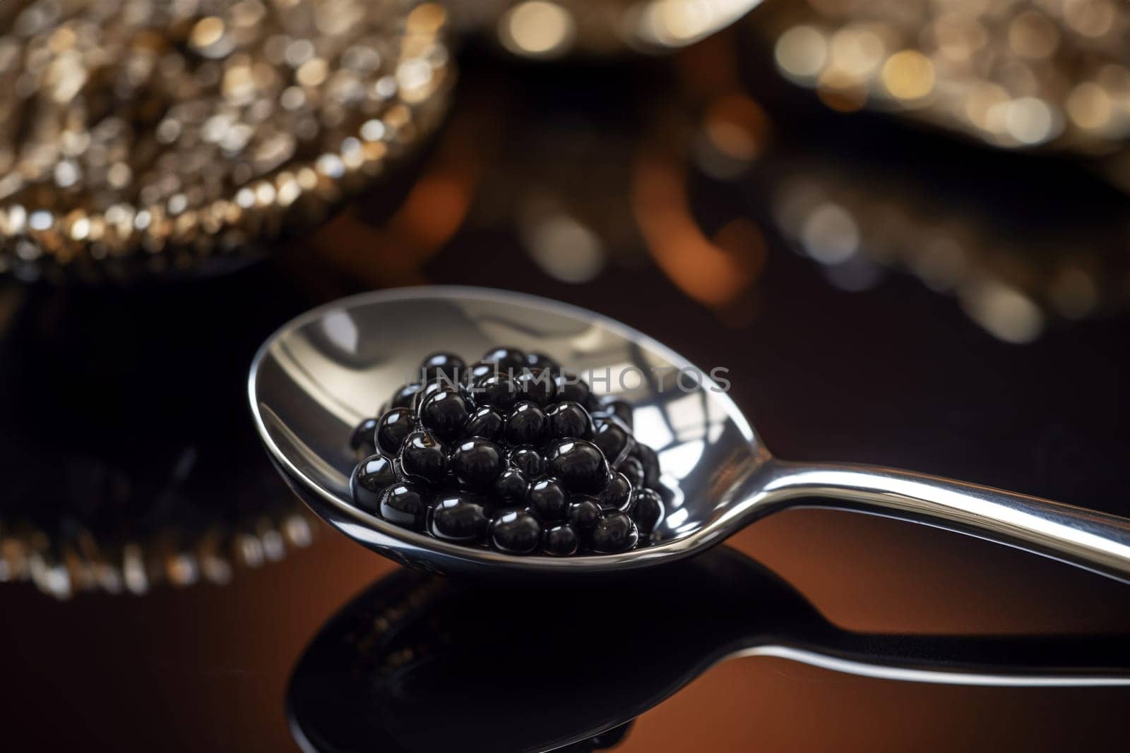 Metal spoon with black caviar on dark background. Generative AI