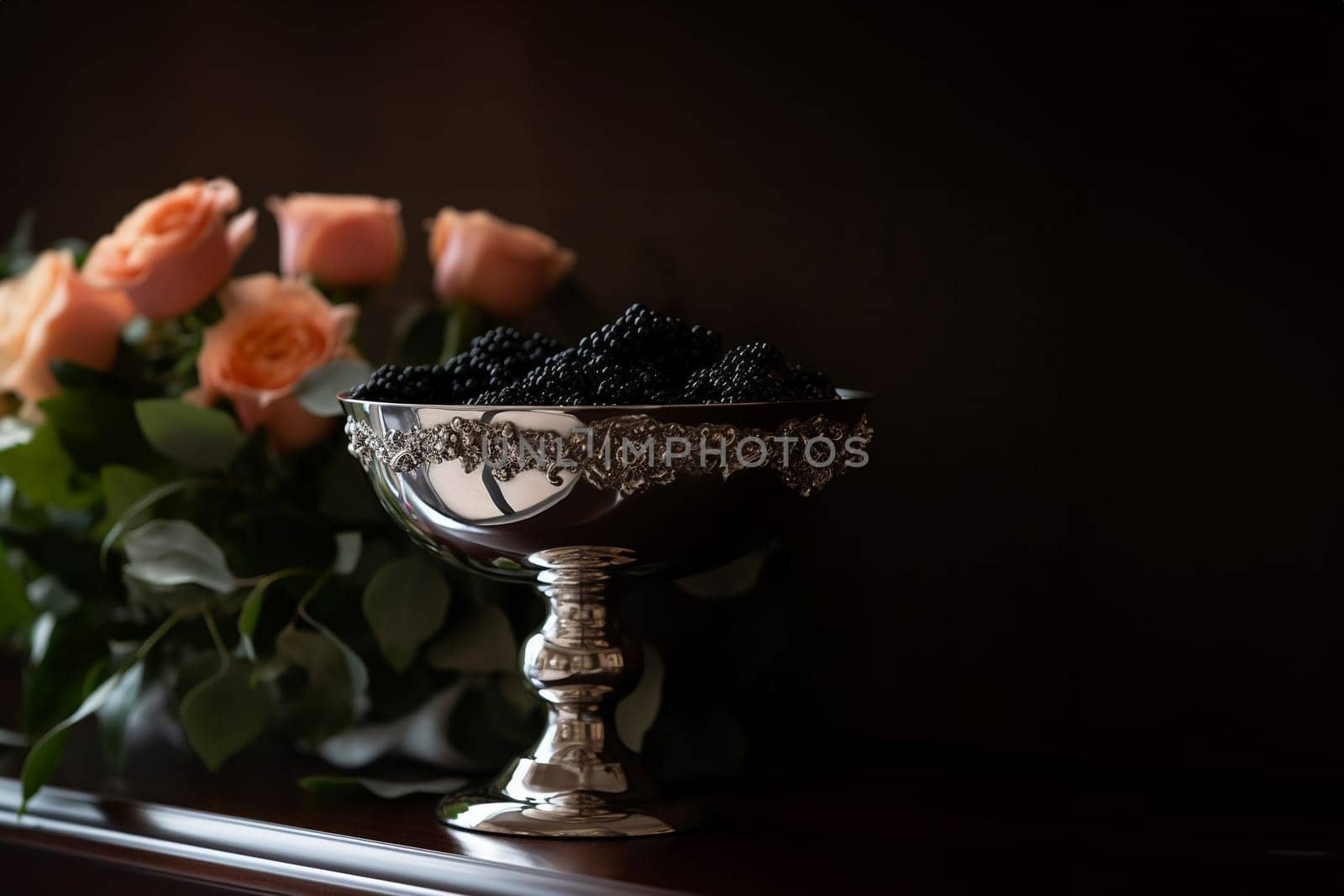 The vintage silver bowl with appetizing black caviar on dark background with copy space. Generative AI