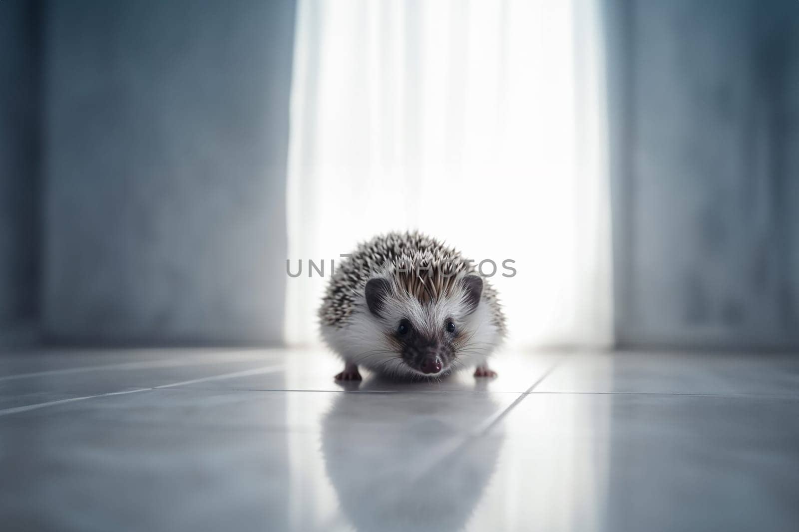 A beautiful cute prickly domestic hedgehog with spikes on a white floor in the house with copy space. Generative AI