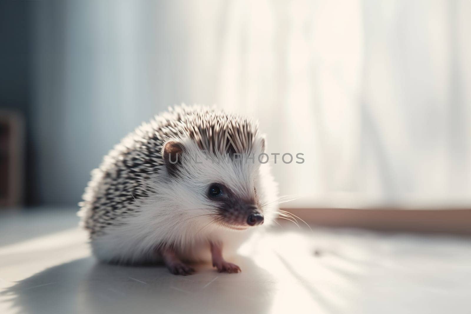 A beautiful cute prickly domestic hedgehog with spikes on a white floor in the house with copy space. Generative AI