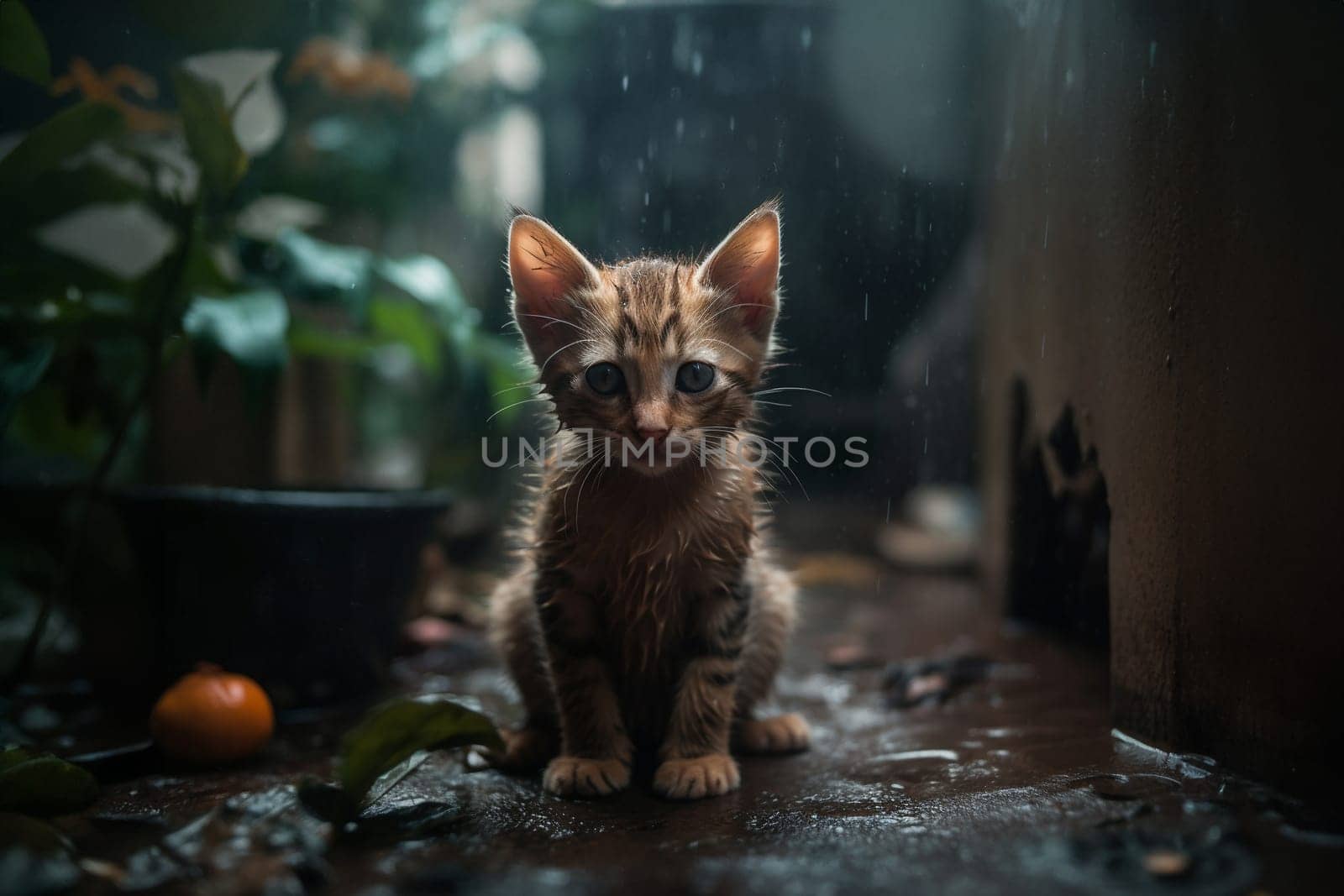 Little stray kitten, hungry, shivering and wet, sitting alone in the cold rain outside, abandoned pet, animal shelter. Generative AI