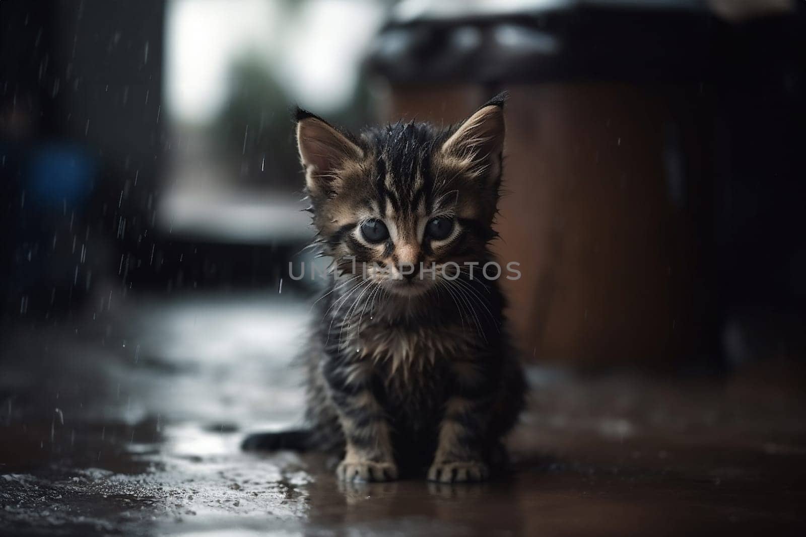 Little stray kitten, hungry, shivering and wet, sitting alone in the cold rain outside, abandoned pet, animal shelter. Generative AI