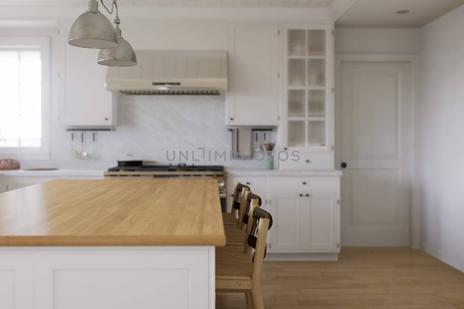 Wooden countertop, empty surface to place your goods, with a blurred kitchen background in the background. Stylish, bright kitchen in traditional style. 3D rendering