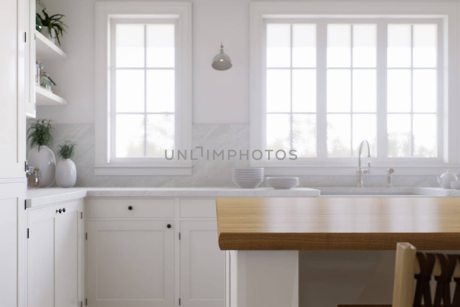 Wooden countertop, empty surface to place your goods, with a blurred kitchen background in the background. by N_Design