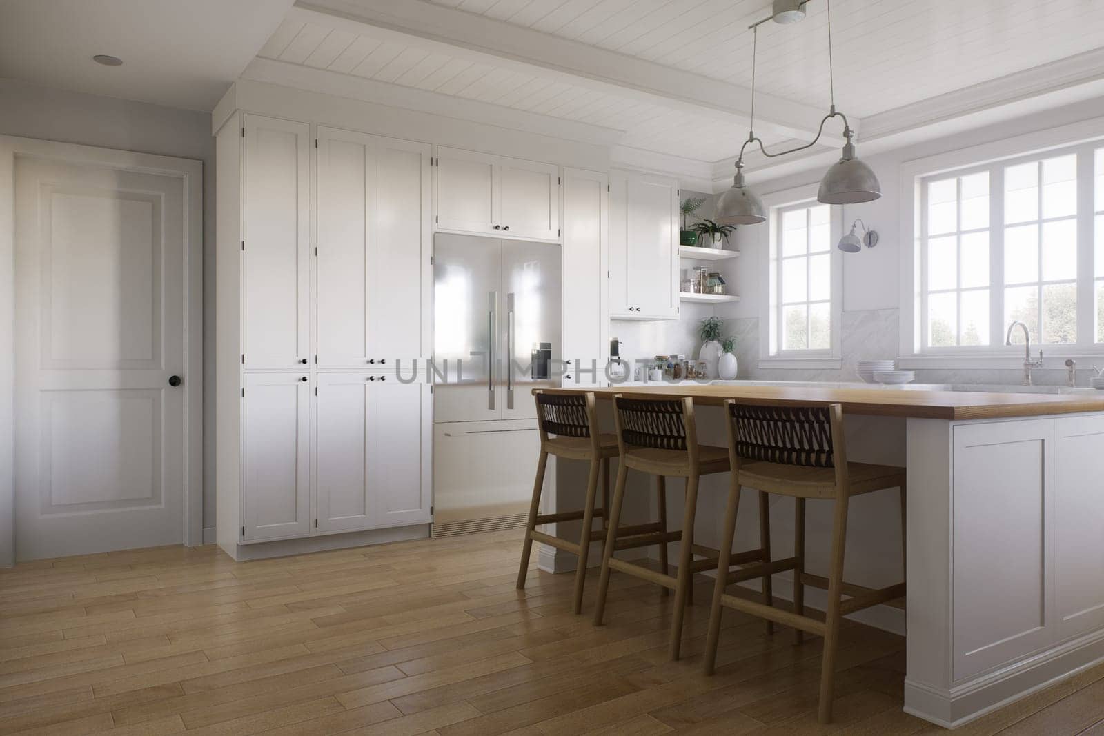 White U-shaped kitchen with windows, kitchen appliances and utensils. by N_Design