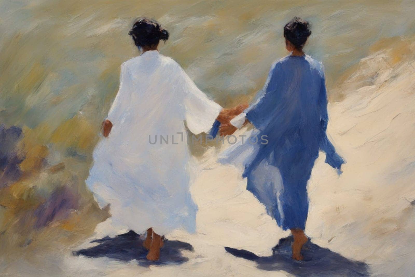 gay loving couple walking by hand in the beach, romantic open mixed race and gender relationship illustration concept generative ai art