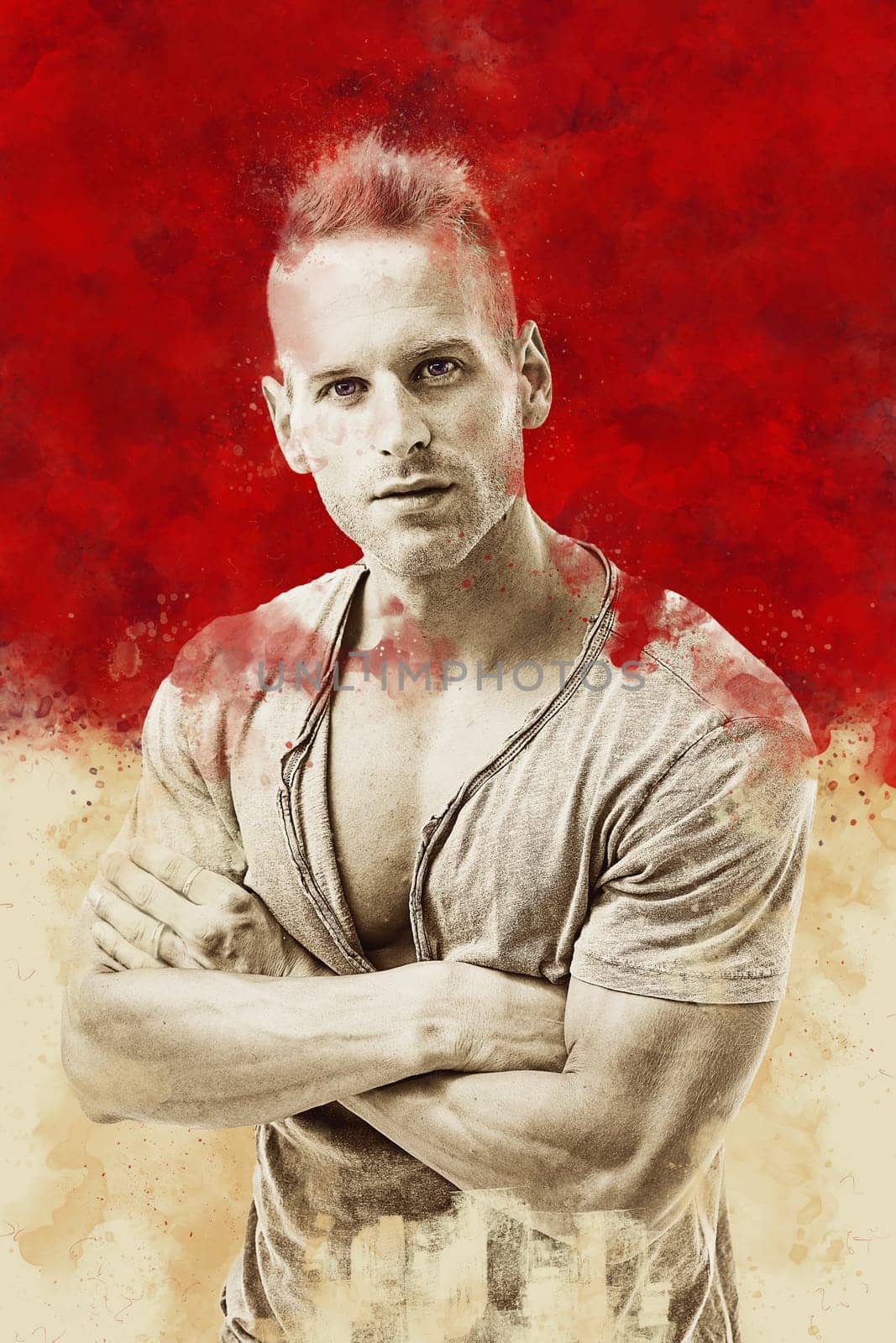 Photo of a confident man standing against a vibrant red backdrop with his arms crossed by artofphoto