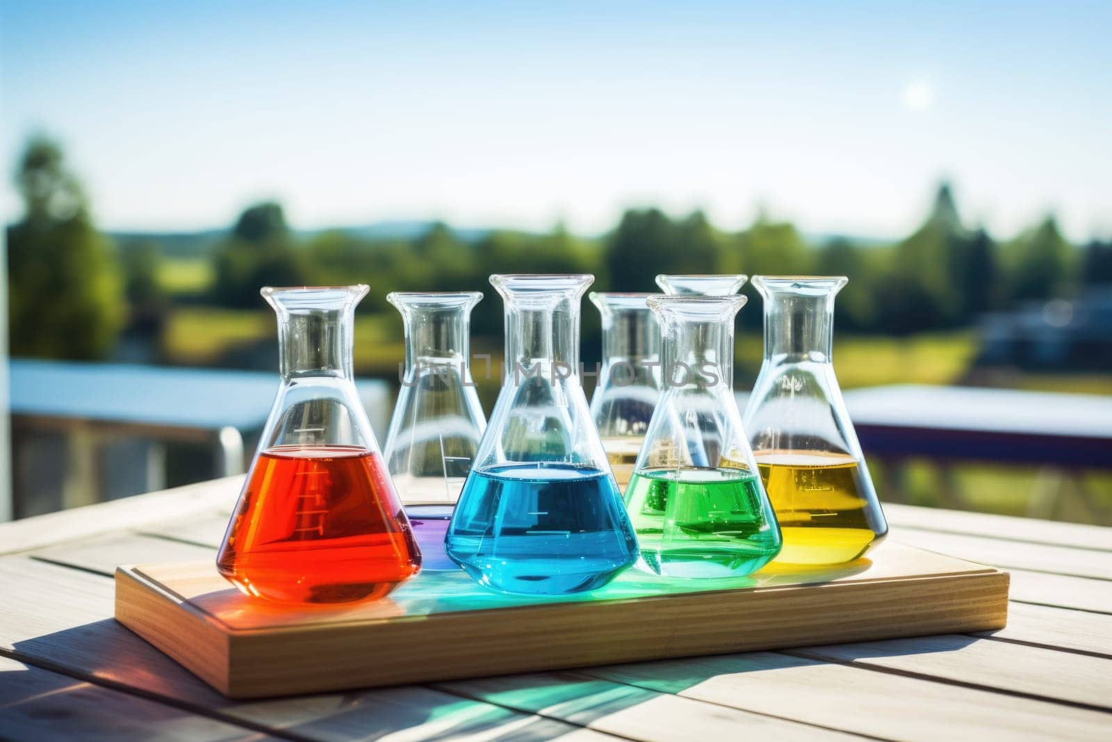 Laboratory equipment beakers and flasks with colorful liquids with backlight in different group, outdoors. AI Generated