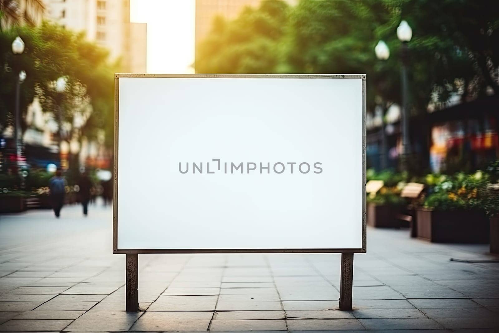 Blank white billboard or display, advertising, blurred background.by Generative AI. by wichayada