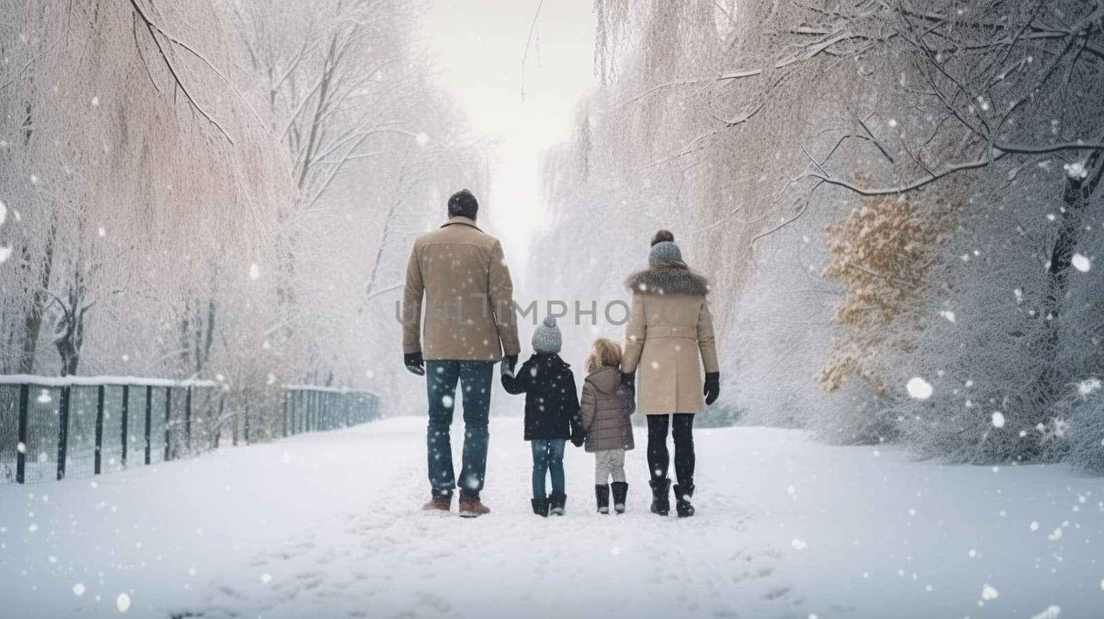 Happy family Father, mother and children are on winter walk in nature comeliness by biancoblue