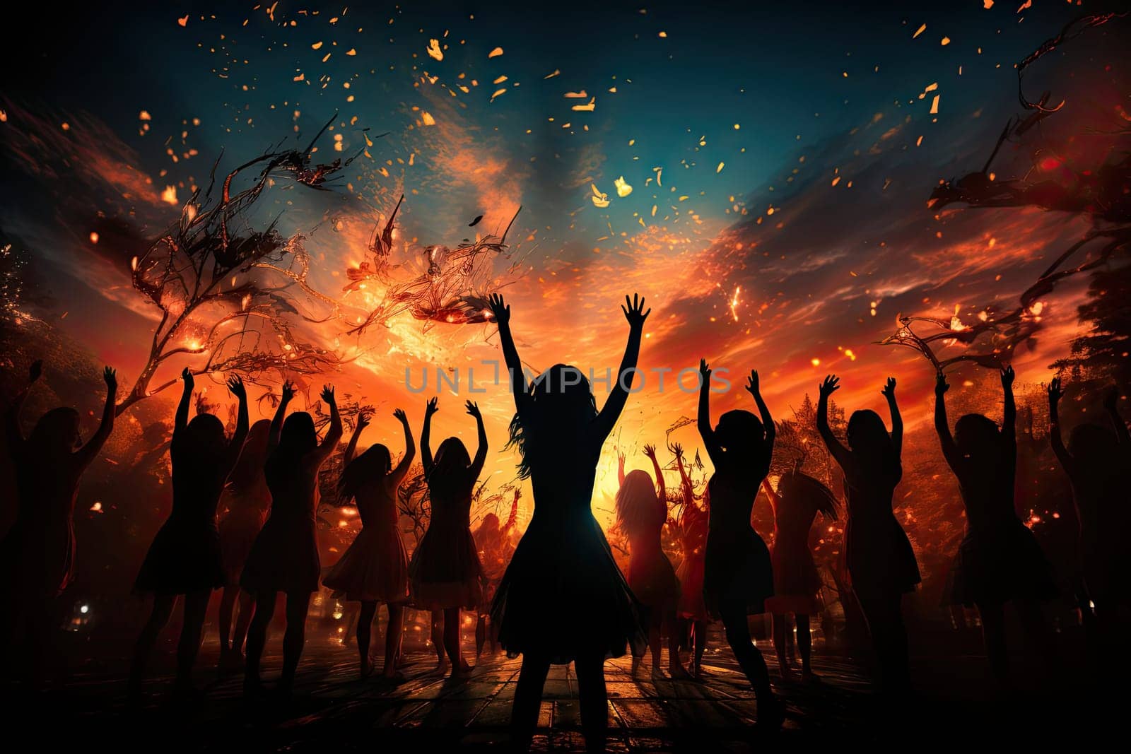 Unique people dancing silhouettes with firework background.by Generative AI. by wichayada