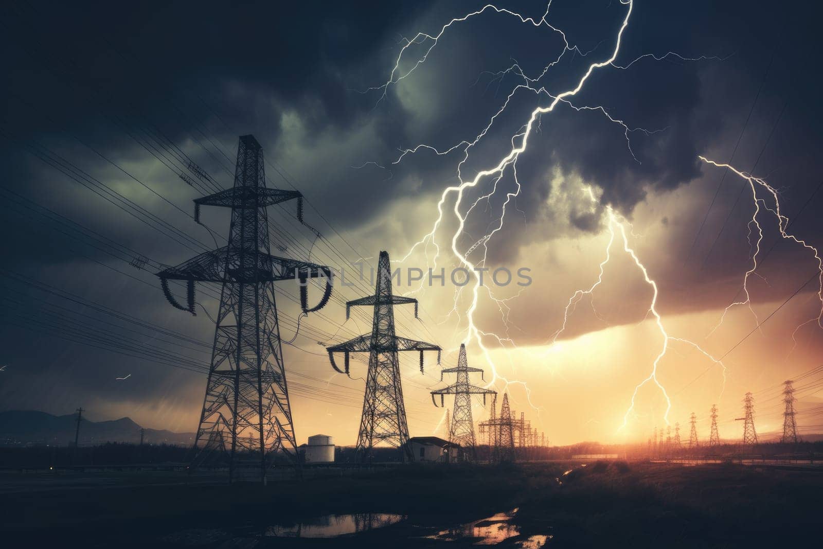 image of intense downpour, tempest with lightning and gloomy skies above electrical towers..