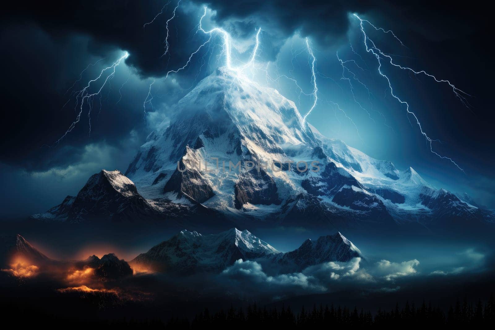 An awe-inspiring image of a mountain hit by lightning against the backdrop of the Milky Way galaxy by Generative AI.