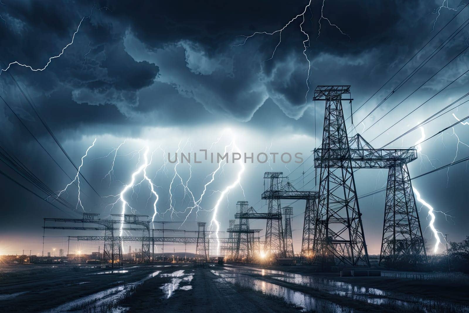 image of intense downpour, tempest with lightning and gloomy skies above electrical towers..