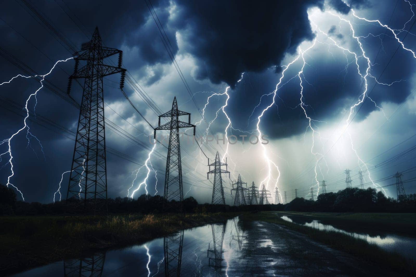 image of intense downpour, tempest with lightning and gloomy skies above electrical towers..