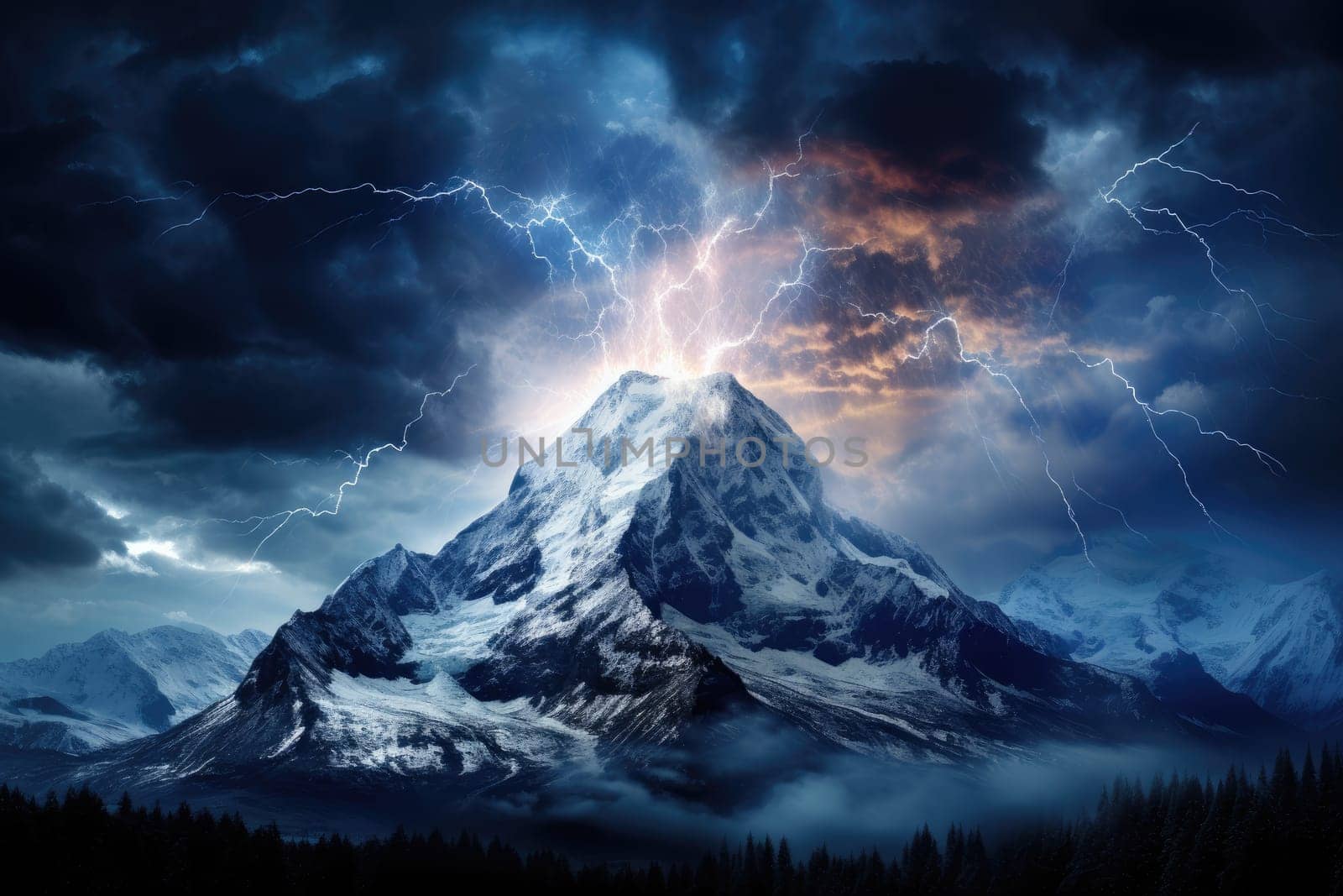 An awe-inspiring image of a mountain hit by lightning against the backdrop of the Milky Way galaxy by Generative AI.