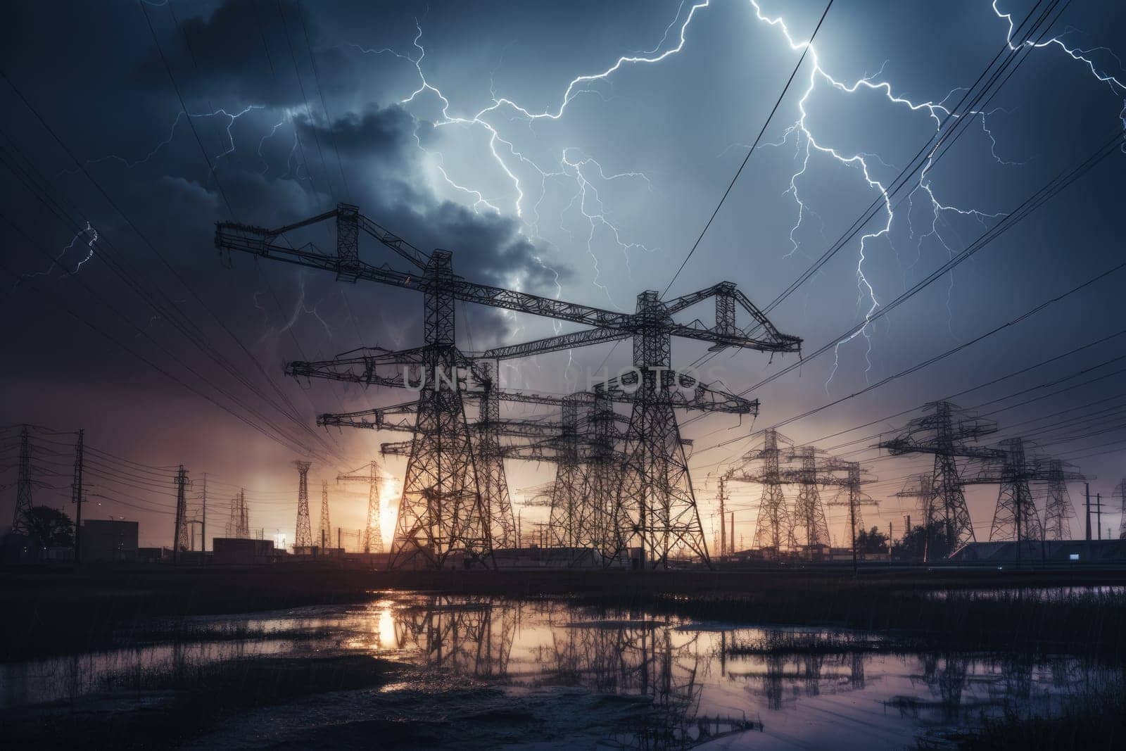 image of intense downpour, tempest with lightning and gloomy skies above electrical towers..