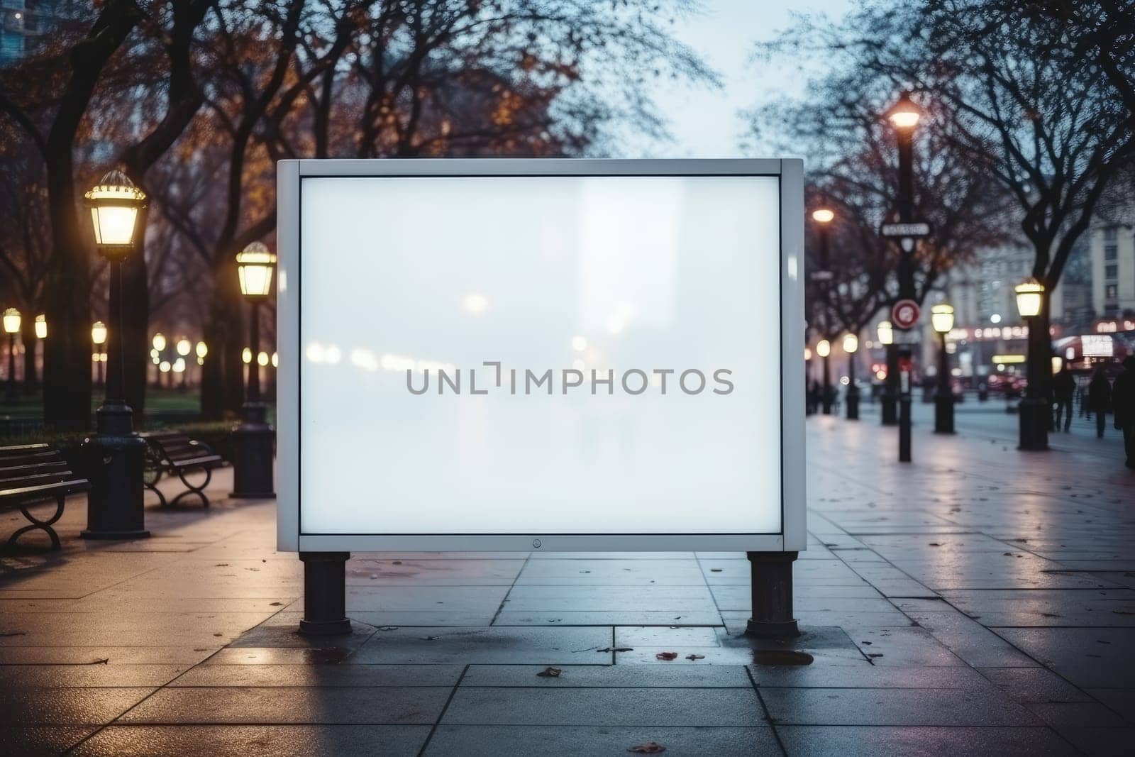Blank white billboard or display, advertising, blurred background.by Generative AI. by wichayada