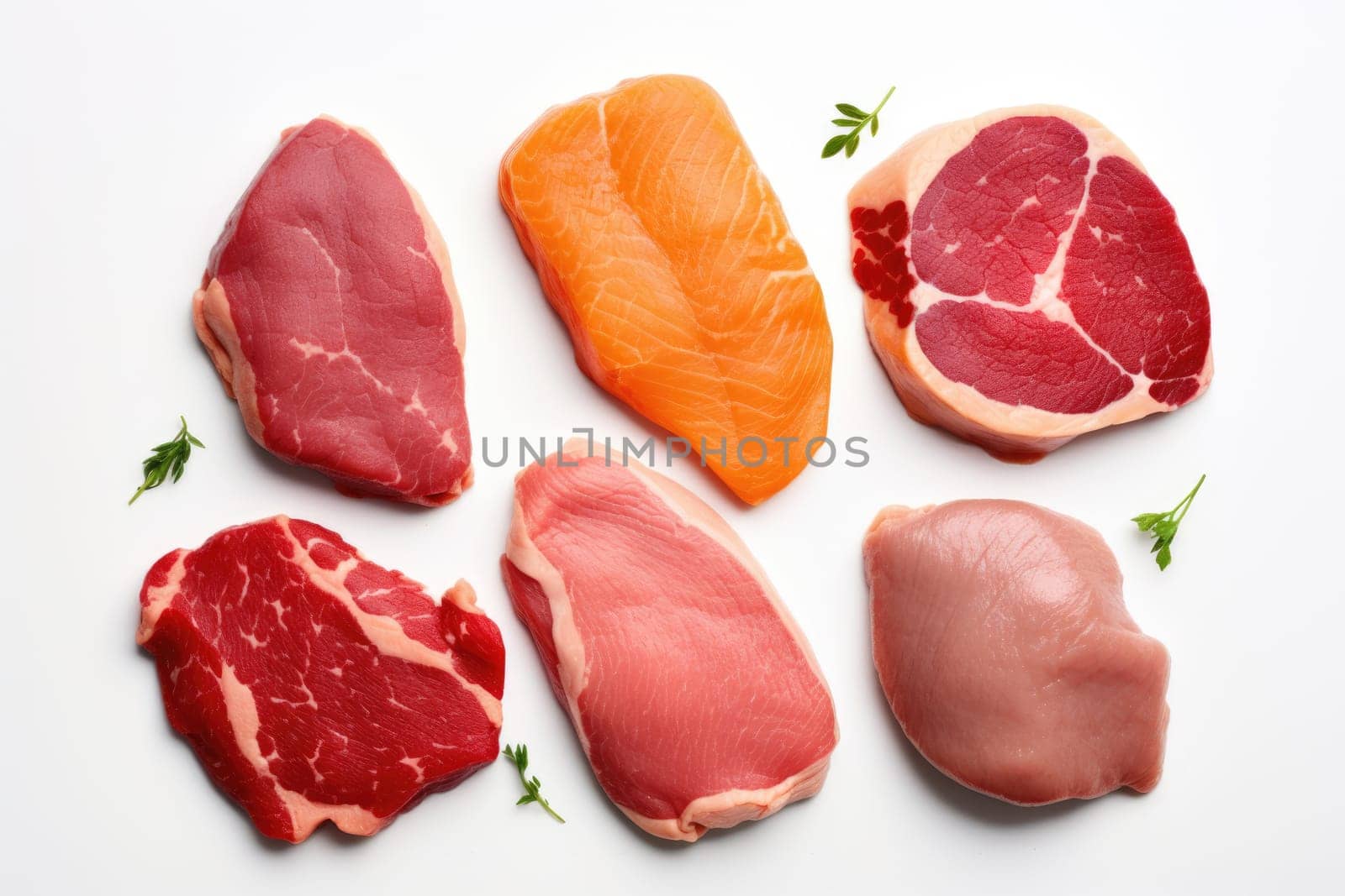 Different types of raw meat steaks. Beef striploin, salmon and chicken breast. Isolated on white background. AI Generated