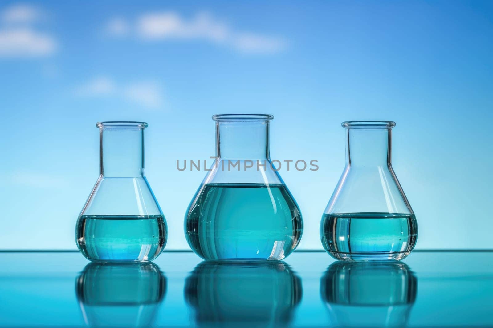 Laboratory equipment beakers and flasks with blue liquids with backlight in different group. AI Generated