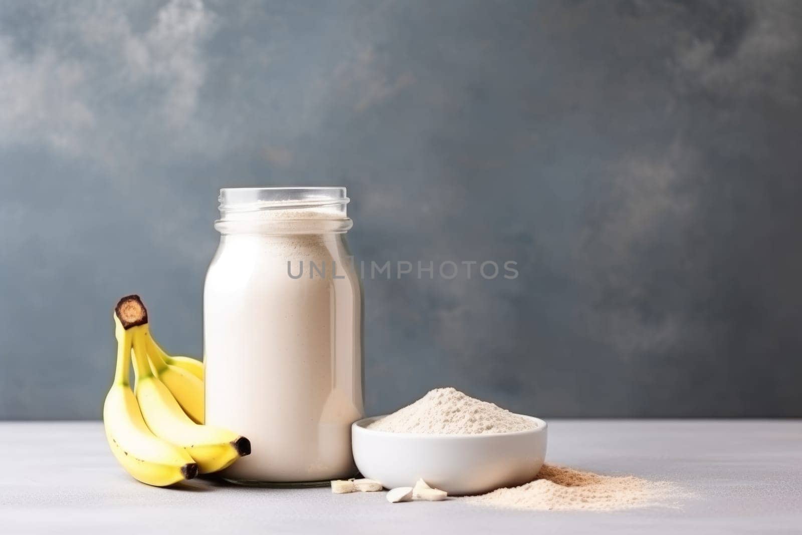 Healthy banana protein shake in mason jar on dark background. AI Generated