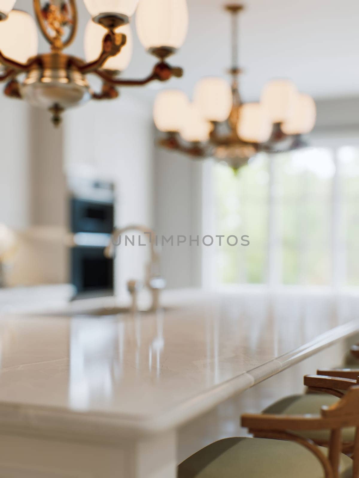 Kitchen white countertop with white marble, with blurred bokeh background. Presentation of goods in the kitchen interior on the countertop surface. 3D rendering