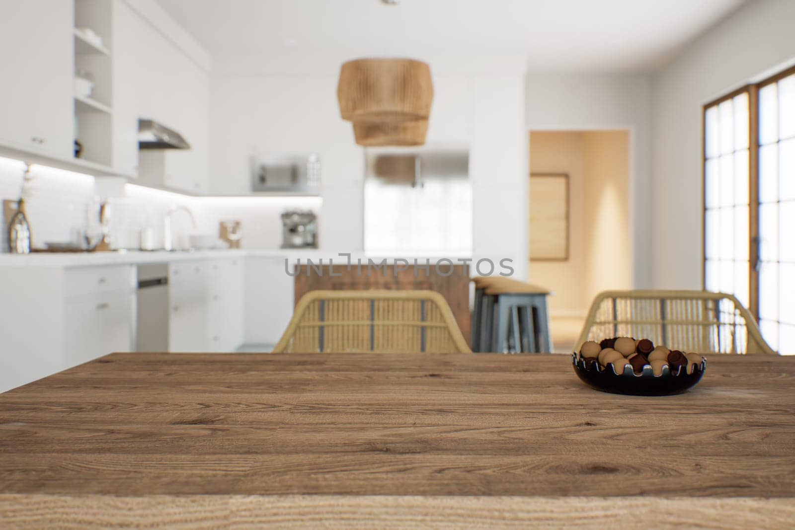 Focus on dining wooden table, empty space for your goods. White kitchen in the background with appliances and utensils. 3d rendering by N_Design