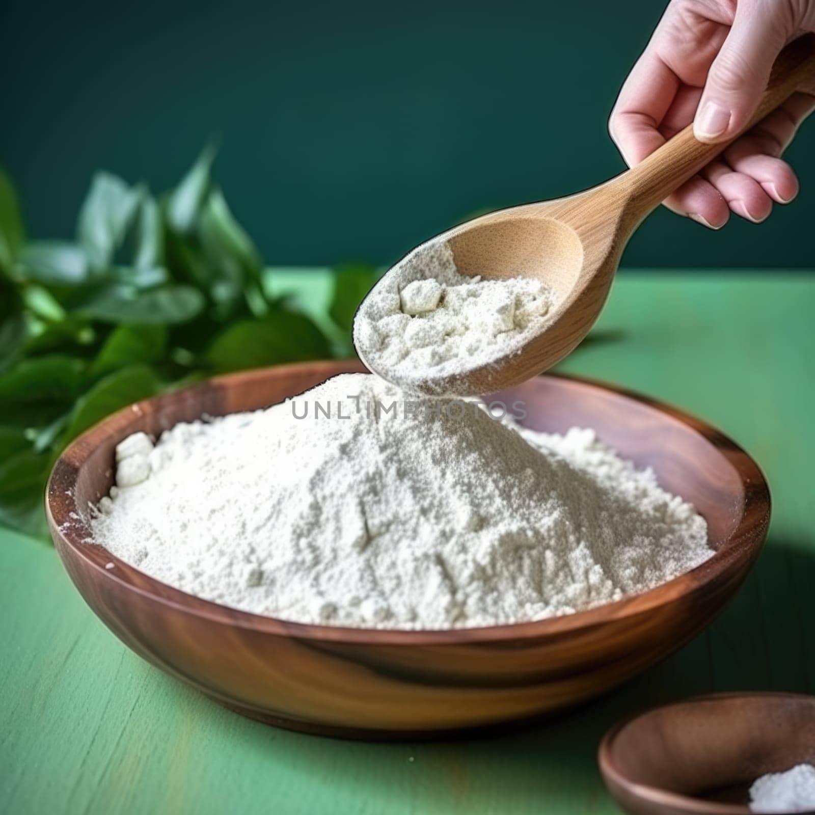 Collagen powder in wooden bowl on natural green background. AI Generated by Desperada