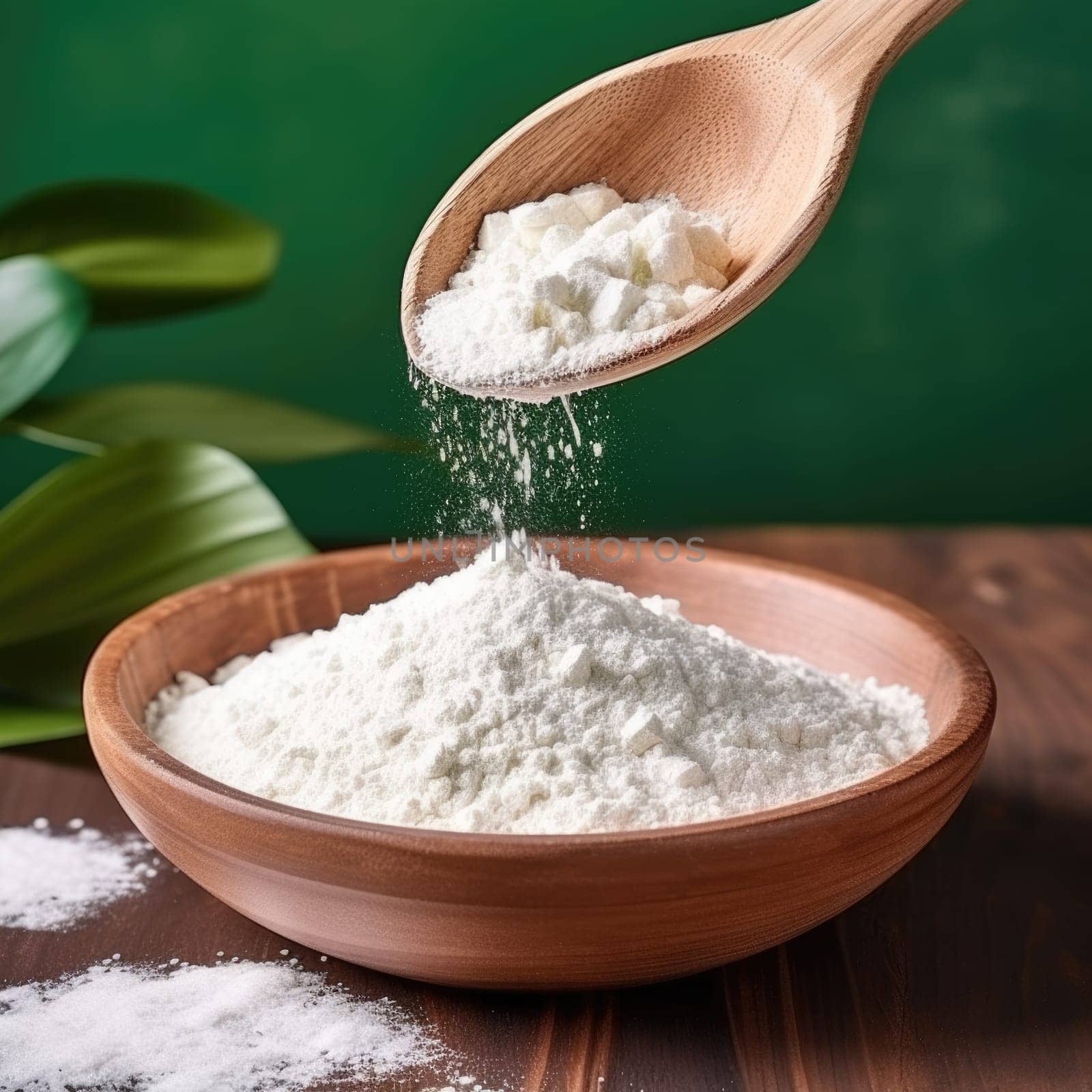 Collagen powder in wooden bowl with spoon on natural green background. AI Generated