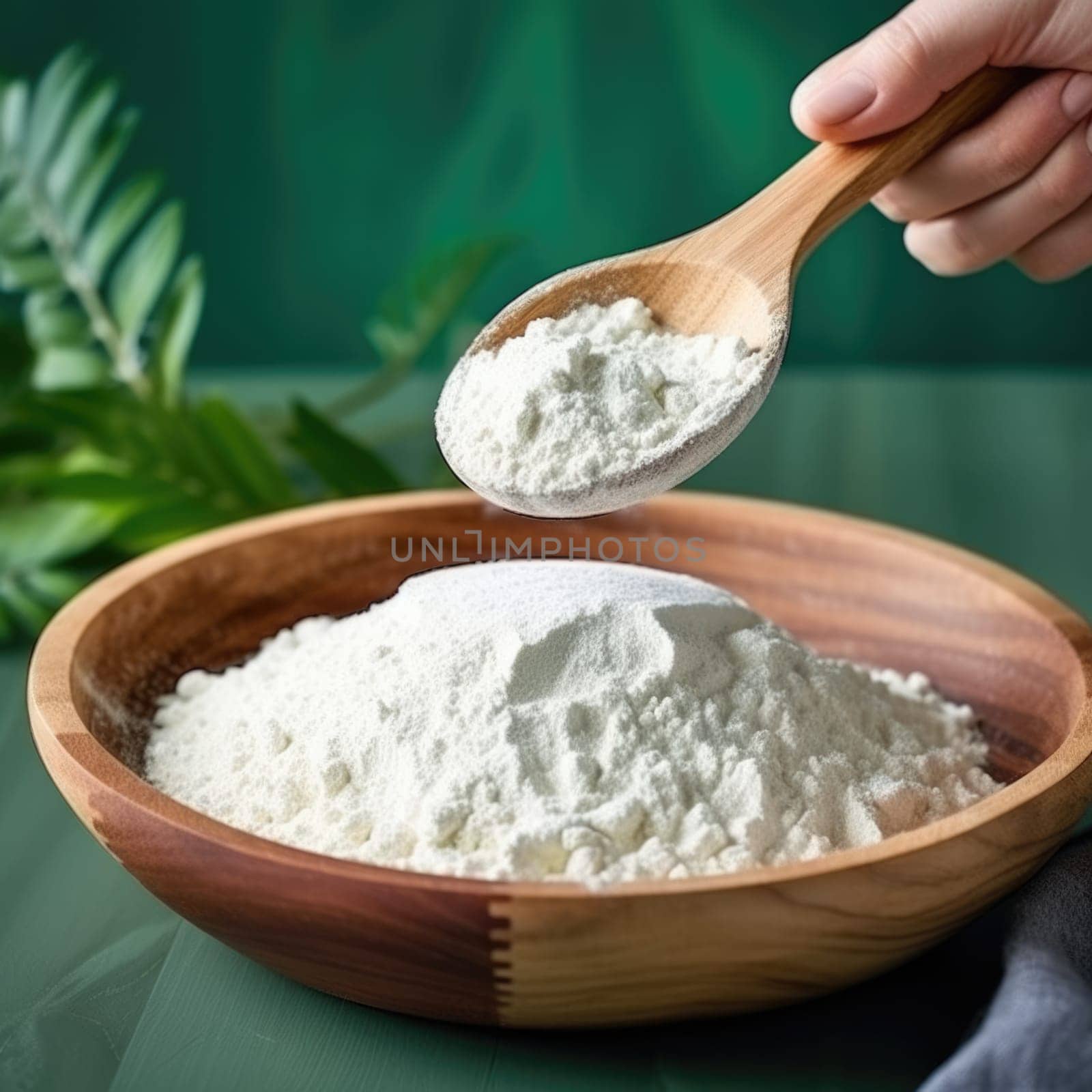 Collagen powder in wooden bowl with spoon on natural green background. AI Generated