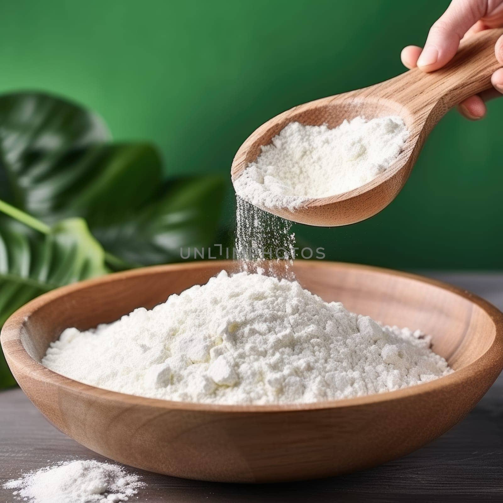 Collagen powder in wooden bowl with spoon on natural green background. AI Generated