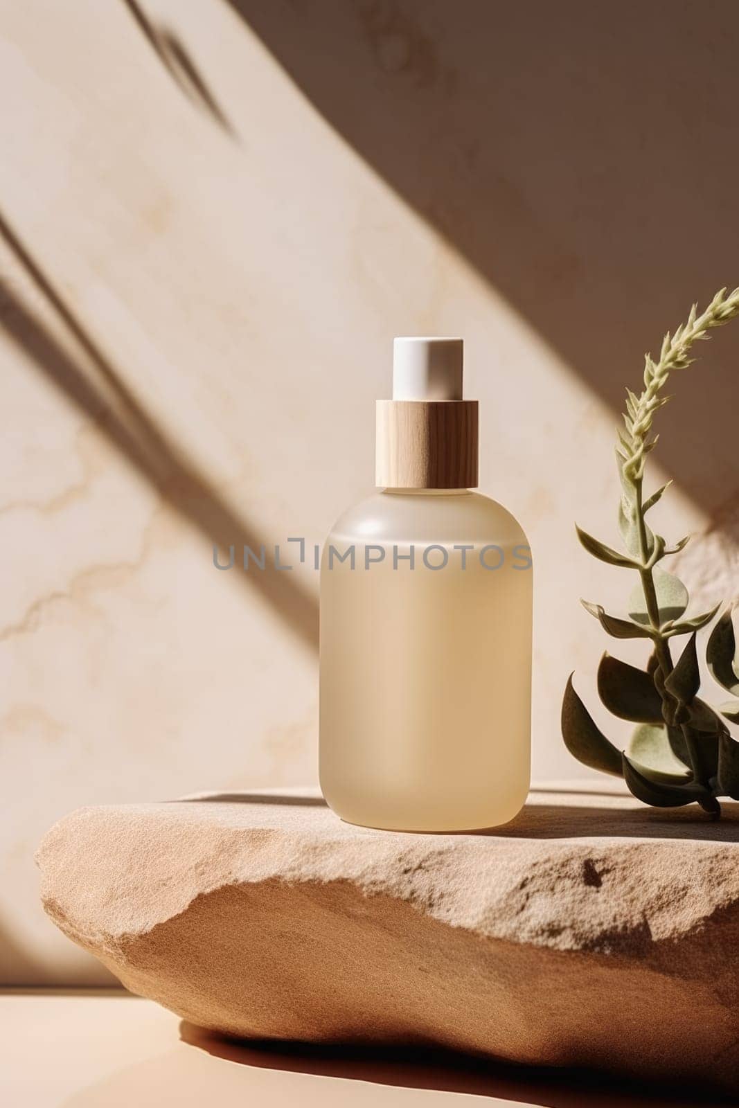 skincare. glass Cosmetic bottle on stone podium beige background with copy space. AI Generated