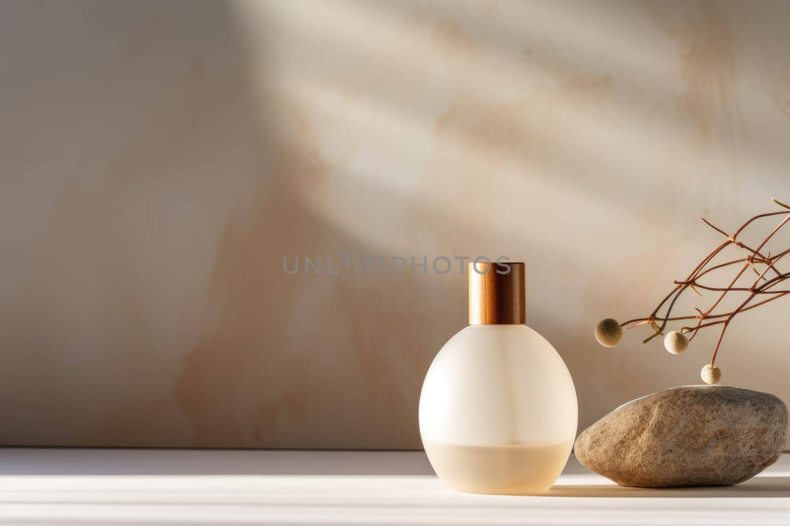 skincare. glass Cosmetic bottle on stone podium beige background with copy space. AI Generated