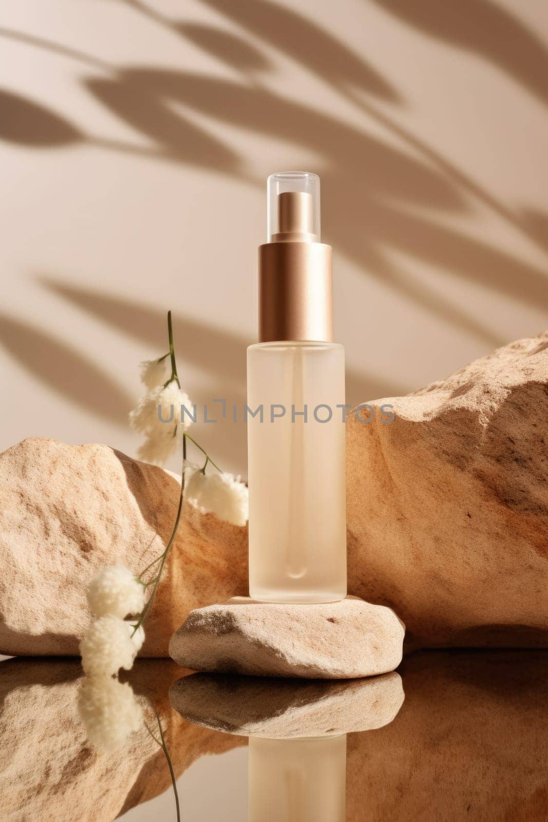 skincare. glass Cosmetic bottle on stone podium beige background with copy space. AI Generated