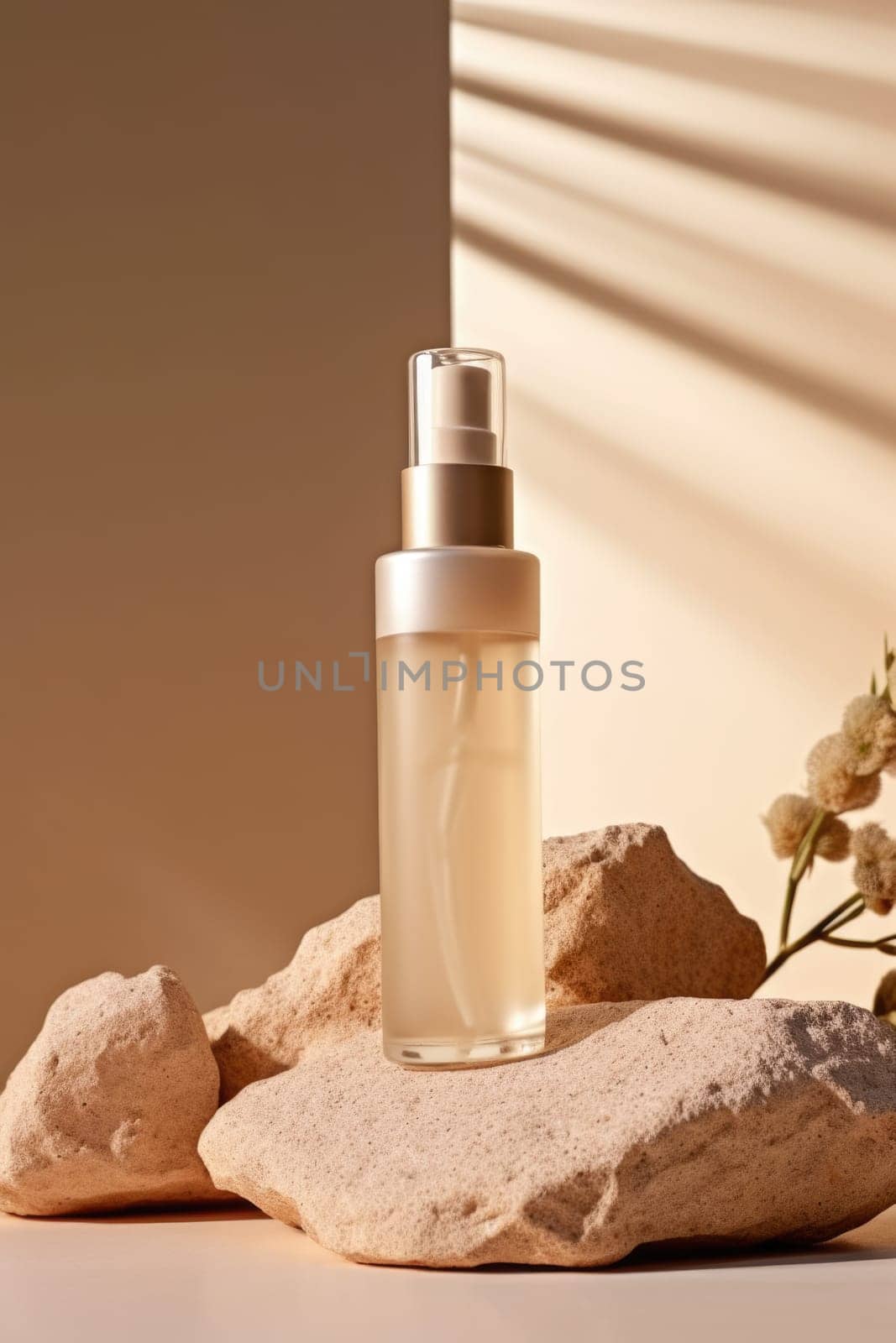 skincare. glass Cosmetic bottle on stone podium beige background with copy space. AI Generated